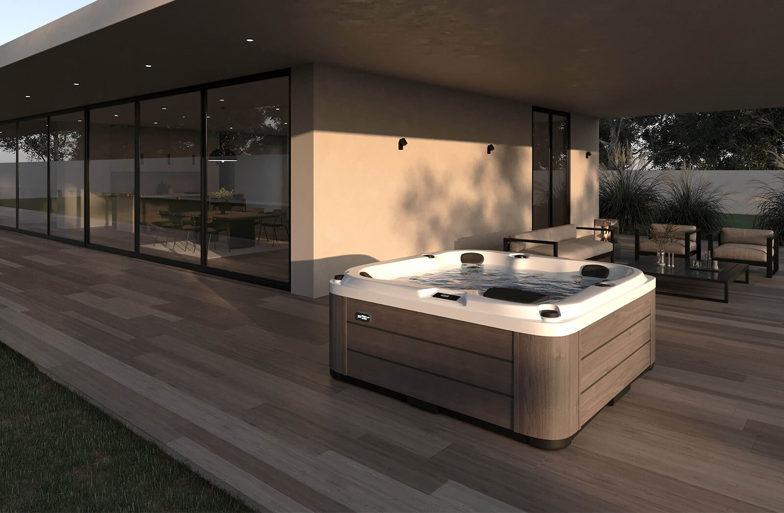 Platinum deluxe spa on deck near modern ranch house