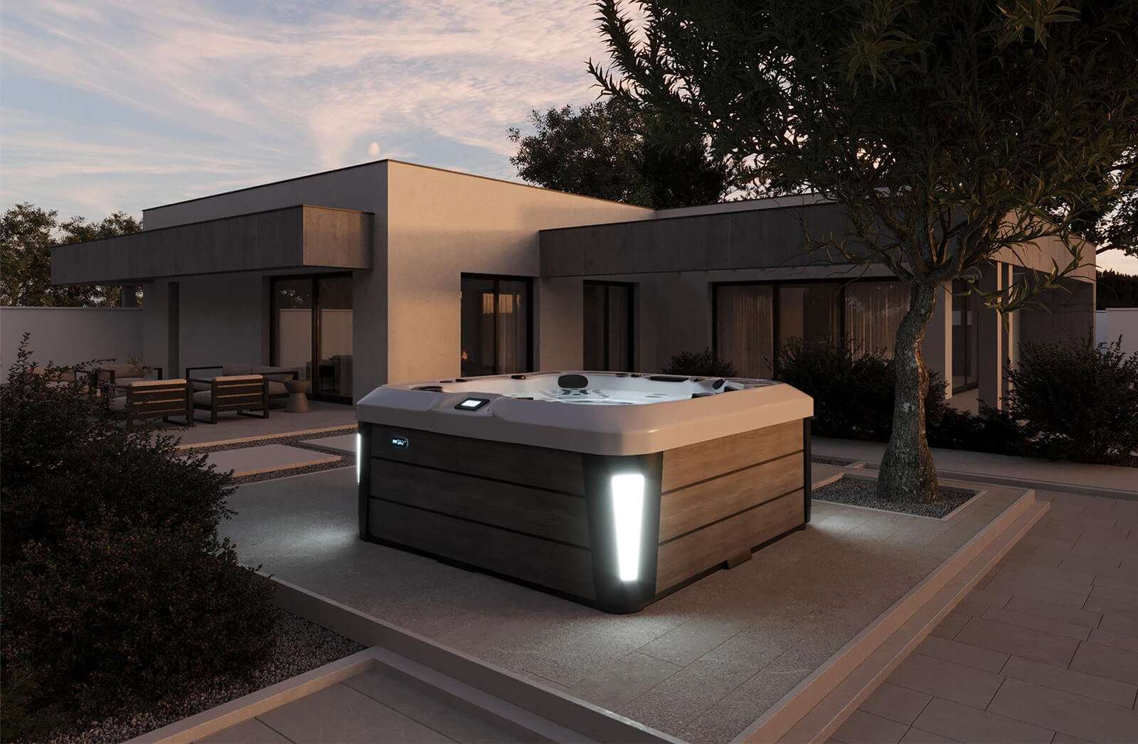 Platinum Premium range spa on deck near house at dusk