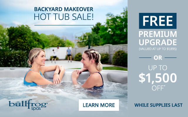 Bullfrog Spa Backyard Makeover Sale showing 2 women relaxing in a hot tub